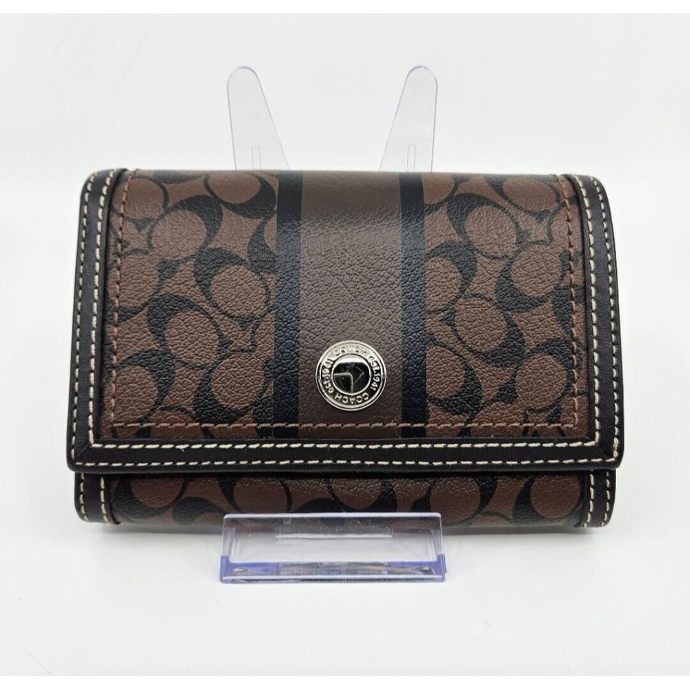 Coach Brown Signature Print Chelsea Stripe Leather Trifold Snap Wallet